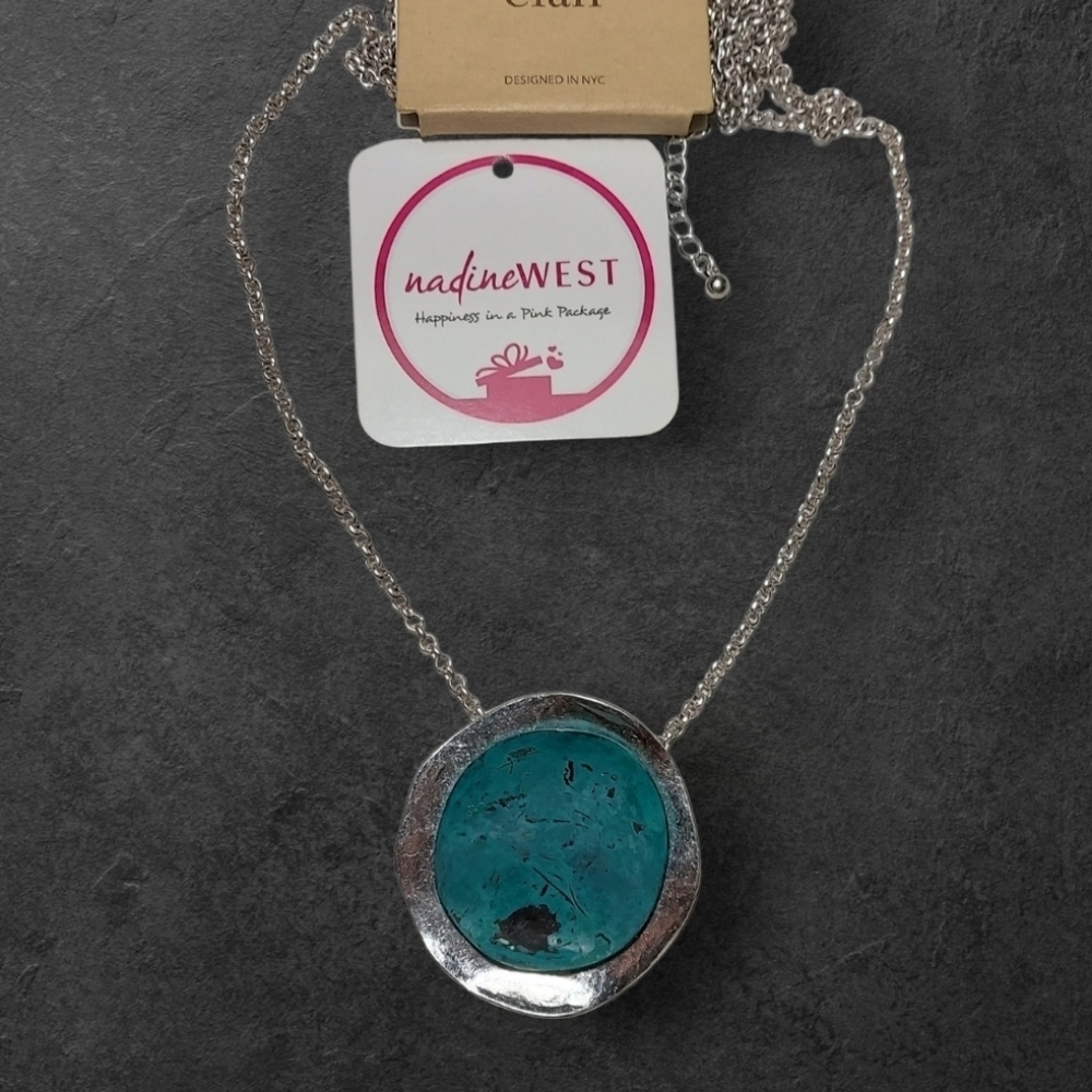 NWT NADINE WEST Artisan Silver Faux Turquoise Disc Necklace ~32"
